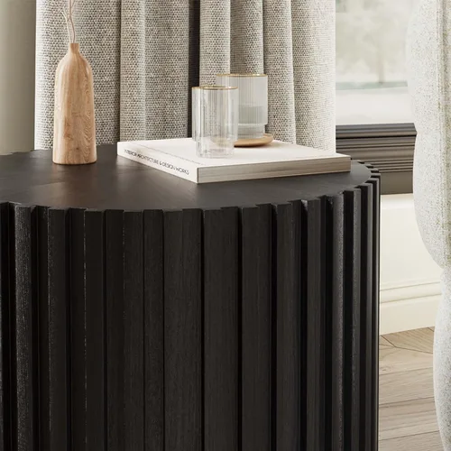 Vista 4 de POVISON Mesa auxiliar, mesa de centro redonda de madera, mesa auxiliar moderna para sala de estar, mesa de centro acanalada, color negro, totalmente