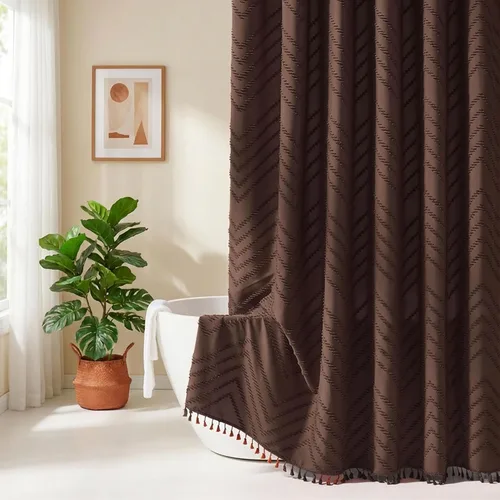 Vista 123 de Cortina de ducha Siiluminisoy de 36x72 beige, cortina de ducha de tela de tamaño pequeño, cortinas de ducha de tela con tufting, diseño chevron a