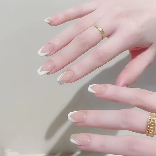 Vista 16 de 24 piezas de uñas postizas acrílicas de punta francesa, uñas de cobertura completa para mujeres, arte de salón en casa