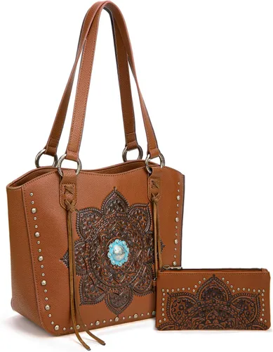 Vista 7 de Montana West Western Tooling Tote Bag with Wallet Set for Women Vintage Studded Top Handle Shoulder Handbag Negro floral