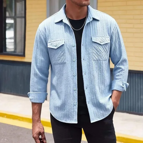 Vista 3 de Camisas con botones para hombre, casual, de manga larga, con cuello jacquard, texturizada, ligera, sobrecamisa, sobrecamisa