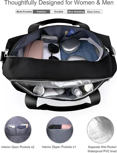 Vista 5 de Bolsa de gimnasio para mujer con compartimento para zapatos y bolsillo para artículos húmedos, bolsa de lona para viajes, deportes, fitness