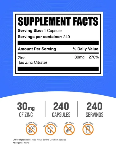 Vista 2 de BulkSupplements. Com Cápsulas de citrato de zinc, suplementos de zinc, sin gluten, 30 mg por porción, 1 cápsula por porción, 240
