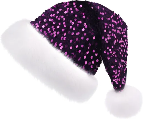 Vista 9 de Sombrero de Navidad Morado para Adultos, Sombrero de Papá Noel con Lentejuelas Moradas Personalizado Súper para Navidad Vacaciones Fiesta de Año