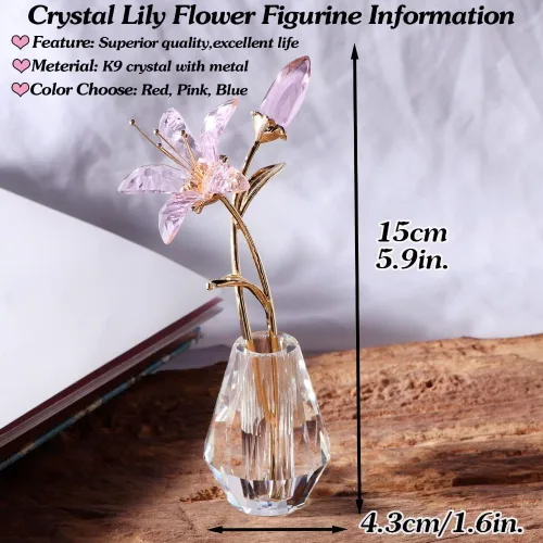 Vista 7 de Flores de lirio de tigre de cristal con jarrón de cristal, tallo de metal, lirio rosa, regalos coleccionables para mujeres, figuras florales
