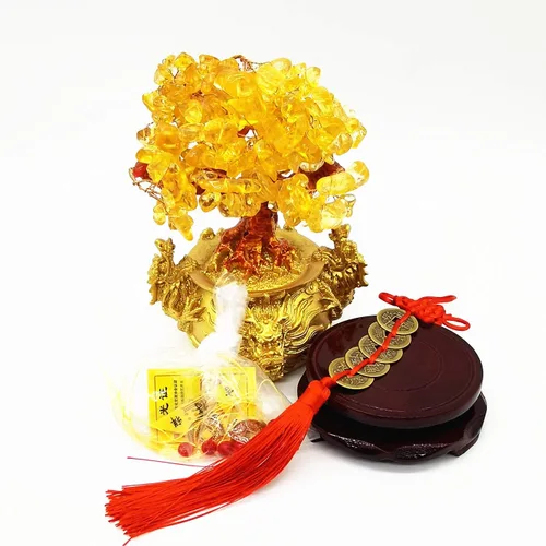 Vista 5 de Colorsheng Árbol de cristal de cuarzo amarillo Feng Shui, árbol de dinero estilo bonsái, decoración para suerte y riqueza (macetas de dragón)