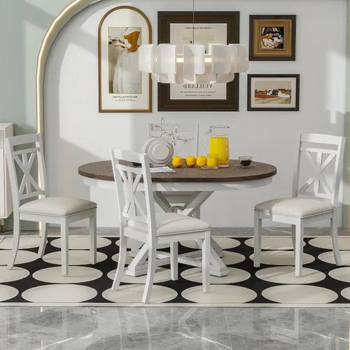 Vista 9 de Harper & Bright Designs Juego de mesa de comedor redonda de 5 piezas, juego de mesa de comedor retro con mesa redonda extensible y 4 sillas