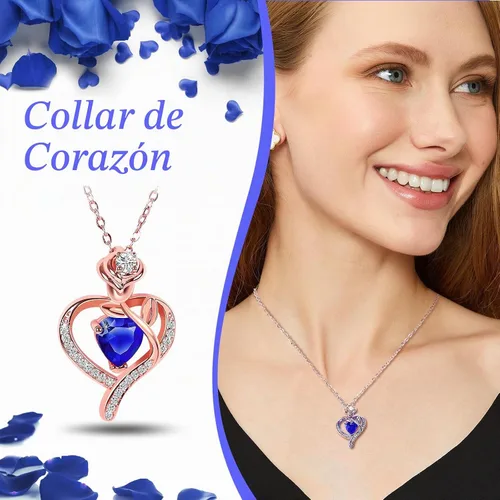 Vista 5 de Rosa preservada con collar de corazón, regalo de flor eterna para mamá, esposa, novia, mujer, perfecto para el día de San Valentín, cumpleaños, Azul
