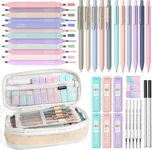 Vista 12 de Nicpro Juego de 50 artículos escolares con estuche para lápices, 6 bolígrafos de gel y recargas, 12 resaltadores, 6 lápices mecánicos artísticos, 12