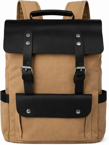Vista 10 de Mochila de lona vintage con cuero de vaca de grano superior, bolsa de trabajo para portátiles de 16 pulgadas, Verde militar, Mochilas de viaje