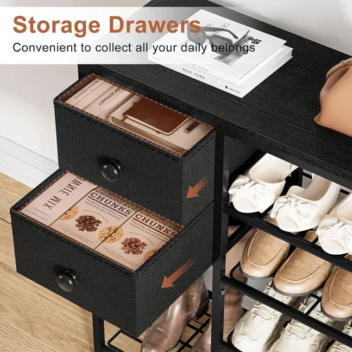 Vista 4 de Zapatero de 5 niveles con 2 cajones de tela, organizador de zapatos con estructura metálica y tablero de madera para 16-20 pares de zapatos, estante