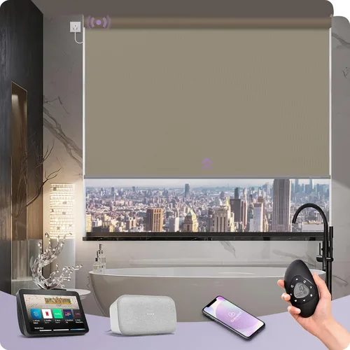 Vista 19 de Graywind Persianas enrollables motorizadas 100% opacas compatibles con Alexa Google, de vinilo, impermeables, inalámbricas, control remoto A-Beige