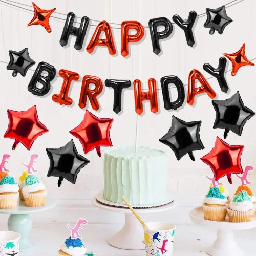 Vista 5 de Cartel de feliz cumpleaños – 13 globos negros y rojos, globo de letras de aluminio de 16 pulgadas con 12 globos de estrella para suministros