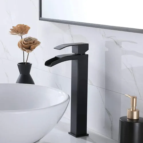 Vista 2 de VCCUCINE - Grifo de lavabo negro de un solo agujero, cascada de un solo agujero, grifo de baño, grifos altos para lavabo con drenaje desplegable
