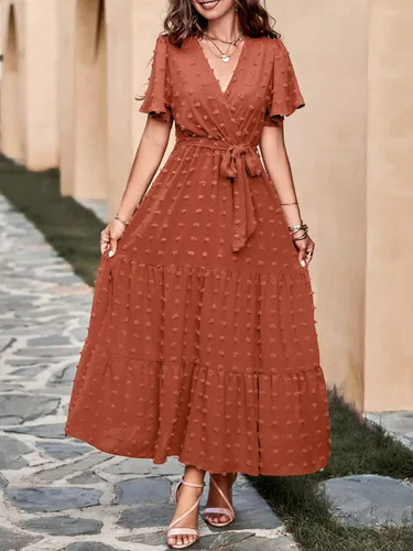Vista 3 de MASCOMODA Vestidos largos bohemios de lunares suizos para mujer, cuello en V, manga corta, lazo en la cintura, línea A, vestidos largos fluidos