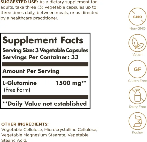 Vista 2 de Solgar L-Glutamina 500 mg - 100 cápsulas vegetales - Alimento muscular natural - Sin OMG, vegano, sin gluten, sin lácteos, Kosher - 33 porciones