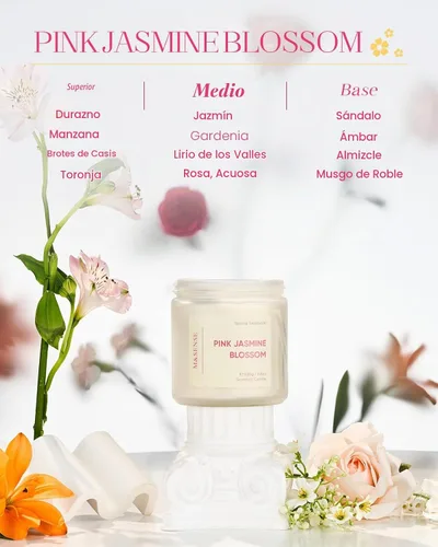 Vista 2 de M&SENSE Vela perfumada rosa de jazmín – Cera de soja natural de 11.6 onzas, 70 horas de tiempo de combustión de larga duración, vela de primavera