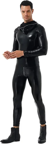 Vista 3 de renvena Enterizo con cremallera en la parte trasera para hombre, traje de discoteca, con capucha, de charol