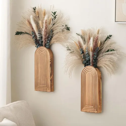 Vista 10 de Juego de 2 jarrones de pared de madera con eucalipto de hierba de las pampas, decoración de pared moderna de estilo bohemio para sala de estar