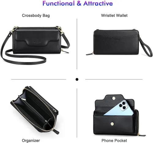 Vista 3 de nuoku Bolsos cruzados para mujer, carteras de muñeca para mujer, monederos pequeños para mujer, cartera para teléfono celular, cartera RFID