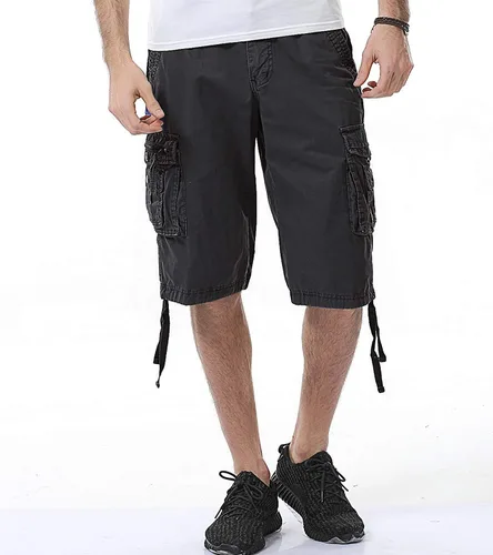 Vista 2 de Pantalones cortos cargo de camuflaje para hombre de ajuste relajado con múltiples bolsillos de algodón