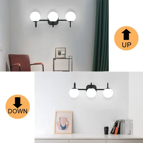 Vista 3 de Moderna lámpara negra para tocador de baño, accesorios de iluminación de 3 luces, marco y pantalla de globo de vidrio blanco leche, aplique de pared