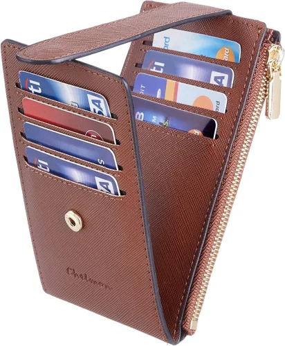 Vista 6 de Chelmon Billetera delgada para mujer, con bloqueo RFID, plegable, con bolsillo con cremallera, Marrón intenso, Minimalista