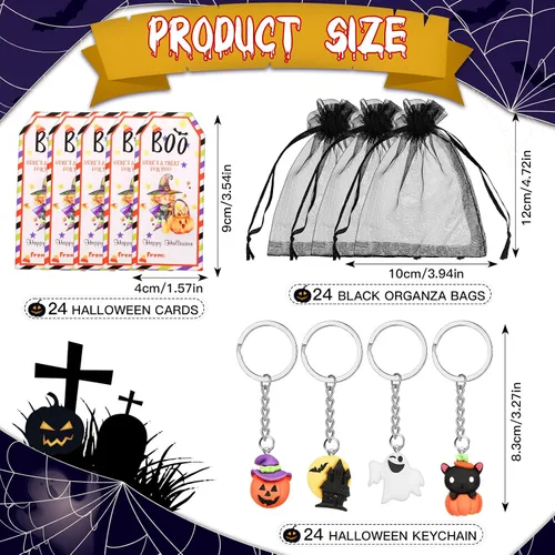Vista 2 de Huquary 72 piezas de regalos de Halloween, juego de 24 regalos de Halloween para estudiantes, 24 llaveros de Halloween, llavero de calabaza
