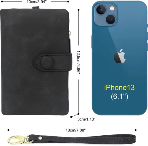 Vista 4 de Billeteras con bloqueo RFID para mujer, de gran capacidad, de cuero suave, cartera pequeña con correa para la muñeca, Negro -, Casual