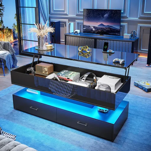 Vista 14 de SEDETA Mesa de centro elevable de 40 pulgadas, mesas de centro con almacenamiento para sala de estar, mesa de centro pequeña con 2 cajones y luz LED