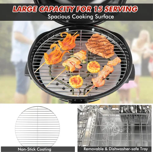 Vista 8 de ORALNER Parrilla eléctrica para barbacoa con soporte, rejilla de calentamiento y bandeja de goteo, parrilla eléctrica de 15 porciones