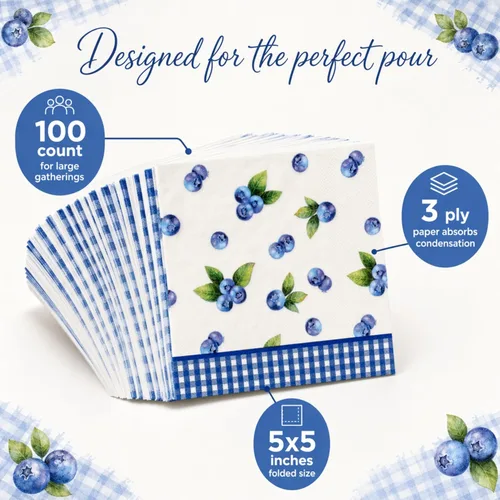 Vista 3 de Gift Boutique Servilletas de cóctel de arándanos, 100 servilletas de papel de frutas y bayas para baby shower, verano, picnic, brunch, decoración