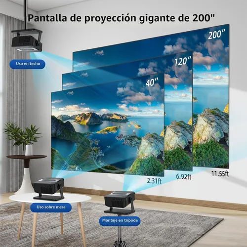 Vista 3 de Mini proyector 4K compatible con WiFi 6 y Bluetooth 5.0, altavoz de 4 W, Keystone vertical automático proyector portátil giratorio de 45°