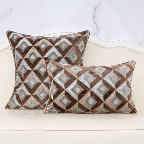 Vista 3 de Alerfa Funda de cojín cuadrada de terciopelo con bordado geométrico a cuadros, funda de almohada decorativa moderna de lujo para sofá, sala