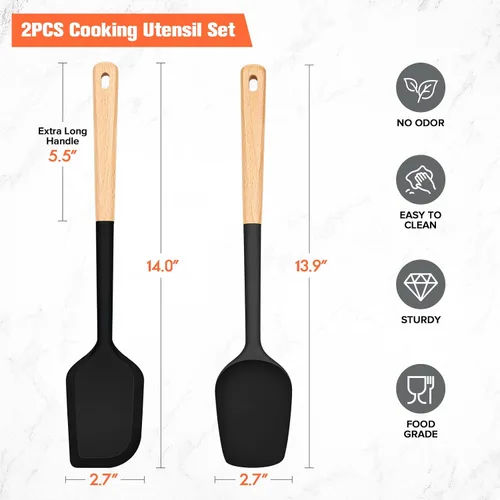 Vista 2 de Large Silicone Rubber Spatula Scrapers 14" with Long Wood Handle, 2 Pack Black