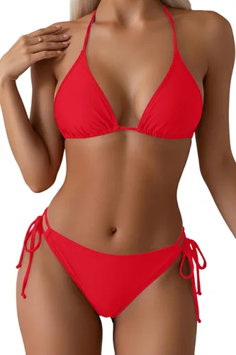 Vista 7 de Tempt Me - Conjunto de bikini triangular para mujer, traje de baño sexy de dos piezas, traje de baño con cintas laterales Azul verde