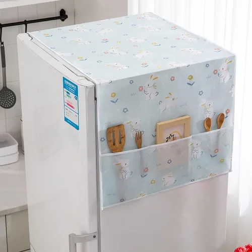 Vista 5 de Funda para refrigerador a prueba de polvo, protector superior de PEVA para lavadora con bolsas de almacenamiento laterales, a prueba de agua