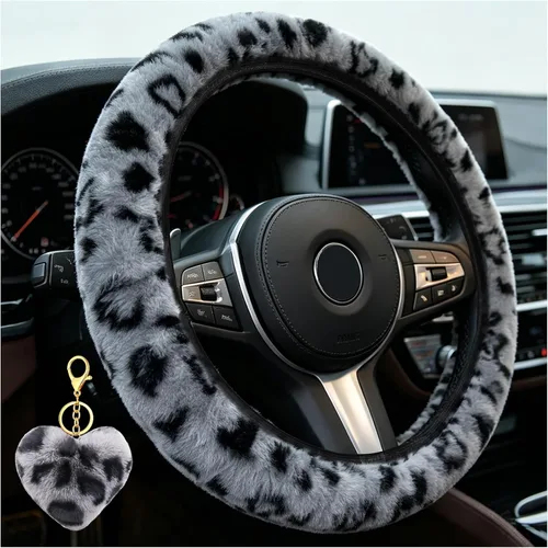 Vista 8 de Funda de volante de leopardo con llavero, protector de volante de piel elástica y mullida, guepardo, accesorios de automóvil para mujeres y niñas