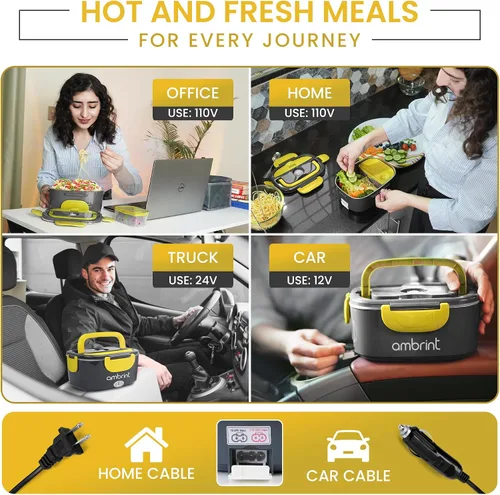 Vista 3 de Fiambrera eléctrica de 80 W para adultos – Lonchera térmica y calentador de alimentos portátil con recipiente de acero inoxidable de 1.5 L Gris