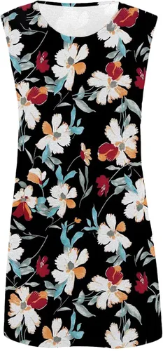 Vista 2 de YHIWU Vestidos para mujer, de verano, casuales, con cuello redondo, sin mangas, para la playa, con estampado de moda