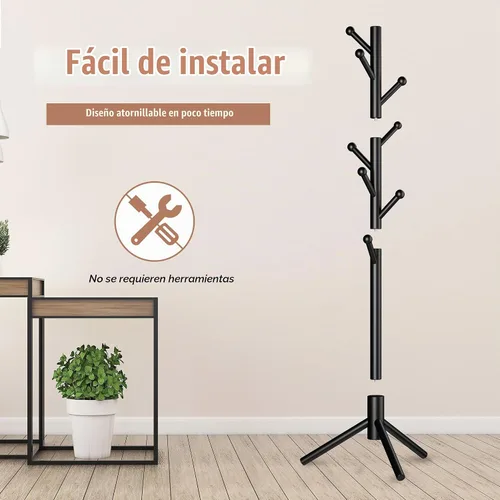 Vista 6 de Perchero de abrigos, Perchero de pie independiente con 8 ganchos, 3 alturas ajustables para ropa, sombreros, bolsos, árbol de abrigos de fácil Negro