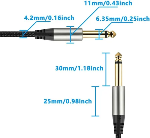 Vista 4 de Paquete de 2 cables de guitarra de 1/4 de pulgada con conector TS recto de 0.249 in (16 pies-2 unidades)