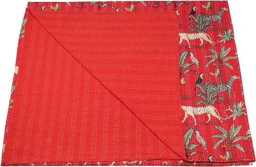 Vista 10 de Marubhumi Edredón tradicional indio de algodón puro con estampado de selva Kantha, funda de cama, colcha Kantha con estampado de animales, Negro