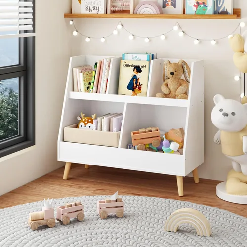 Vista 8 de GDFStudio Estantería para niños y organizador de almacenamiento de juguetes, 5 cubículos, estantería abierta de madera con 2 cubos grandes y patas