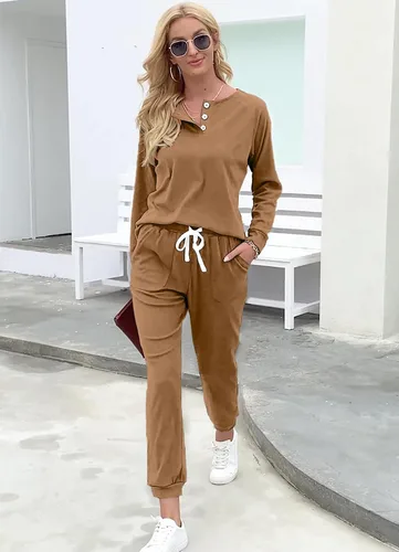 Vista 75 de Wiholl - Conjuntos de dos piezas para mujer: ropa cómoda con sudadera abotonada y pantalones deportivos con bolsillos