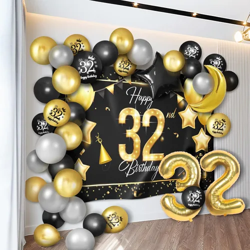 Vista 17 de Juego de globos dorados de feliz cumpleaños número 10 – Saludos a los 10 años de edad, guirnalda temática de fiesta con estrellas y luna, decoración