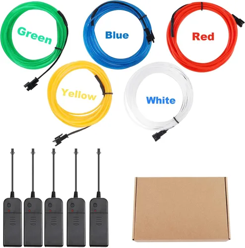Vista 7 de EL Wire Paquete de 5 - Tiras de luces de cuerda de neón portátiles de 9.8 pies - Paquete de batería portátil para luces corporales - Iluminación