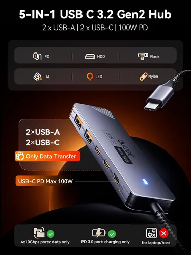 Vista 2 de QUUGE Concentrador USB-C, 2 USB-C y 2 USB-A de 10 Gbps, 100 W PD, cable de 3.3 ft para SSD