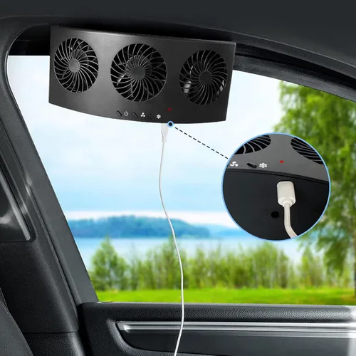 Vista 6 de FOUF Ventilador de coche, 3 ventiladores, 2 niveles, alimentado por energía solar, bajo ruido, buena disipación de calor, alimentado por USB, negro