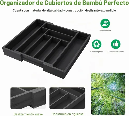 Vista 5 de Pipishell - Organizador de Cajones Extensible de Bambú para Soporte de Utensilios, Bandeja de Cubiertos Ajustable, Organizador de Divisores de Negro